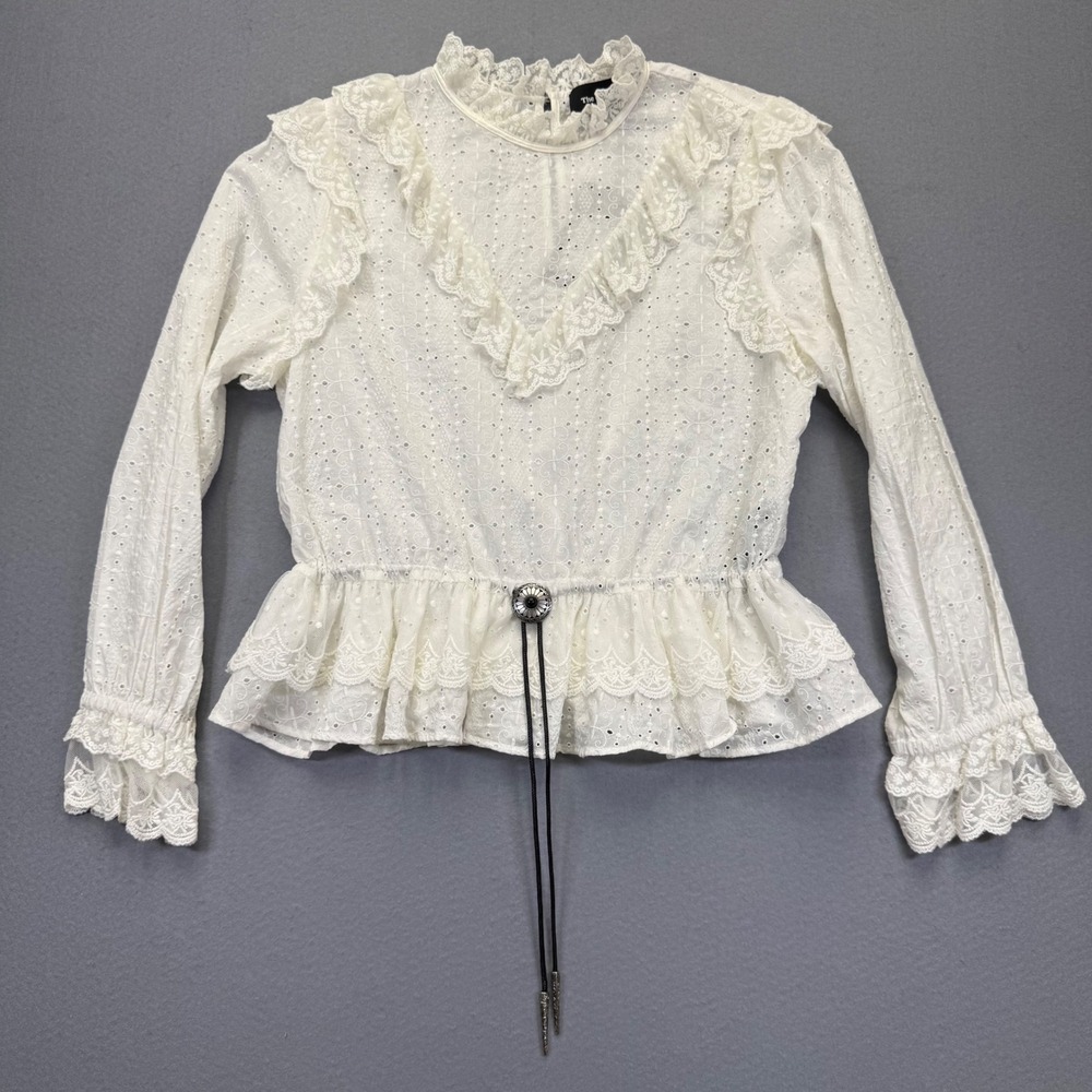 The Kooples White Eyelet Lace Ruffle Bolo Tie Top FTOP1638 Ecru Size 2 NEW